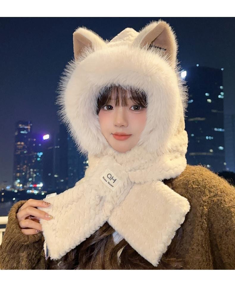 Cute Plush Hat Scarf Set Winter Thickened One-Piece Ear Protection Cap